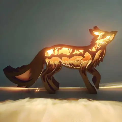 Fox Wood Animal Statue Lamp with Voice Control and Remote Control